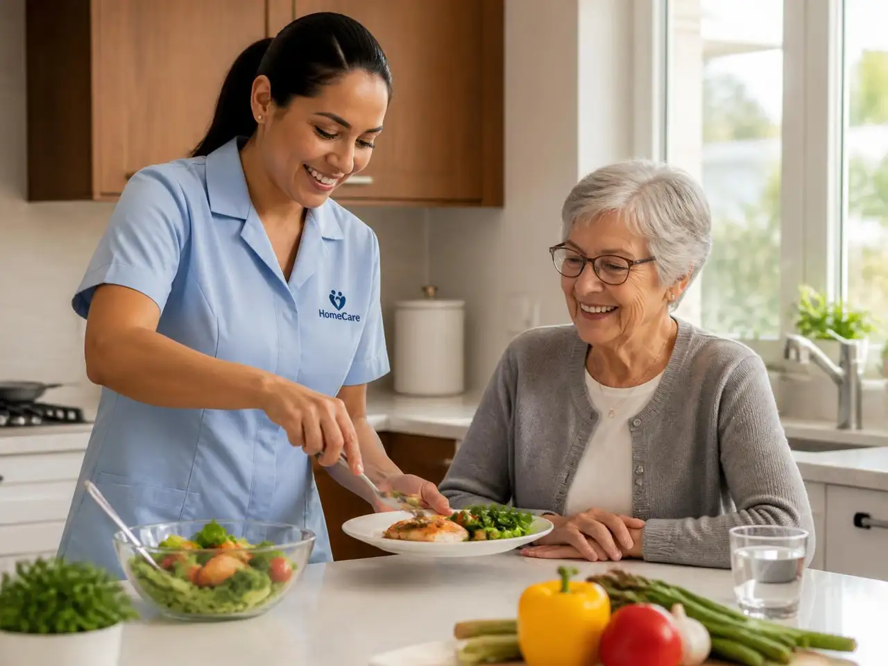 Home care worker preparing a meal with a senior client