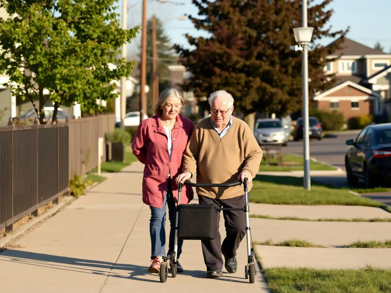 Caregiver on a neighbourhood walk with a senior client