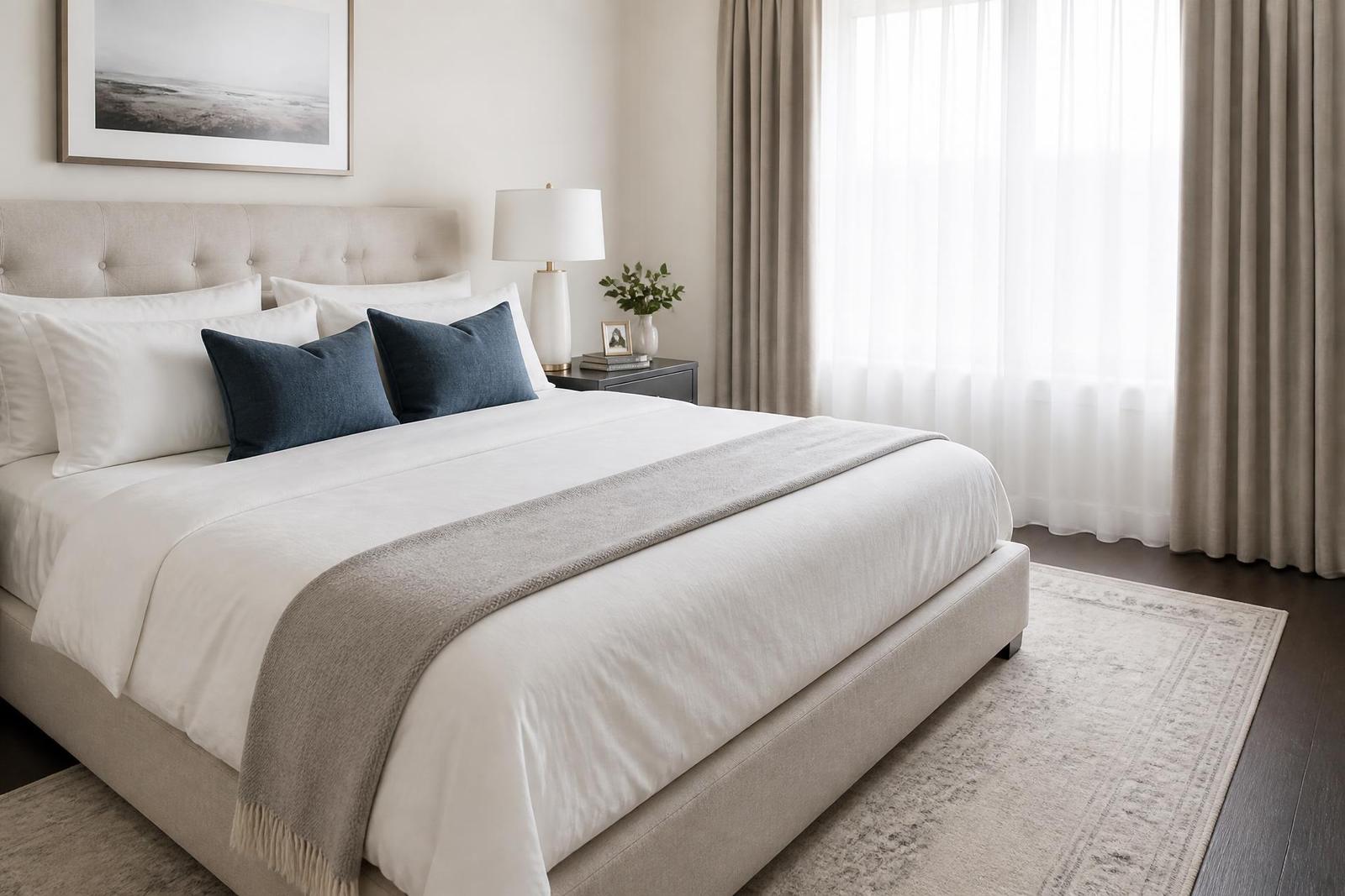 Neatly made bedroom with fresh linens